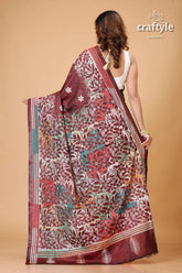 Dark Wine Multithread Silk Kantha Stitch Saree - Craftyle
