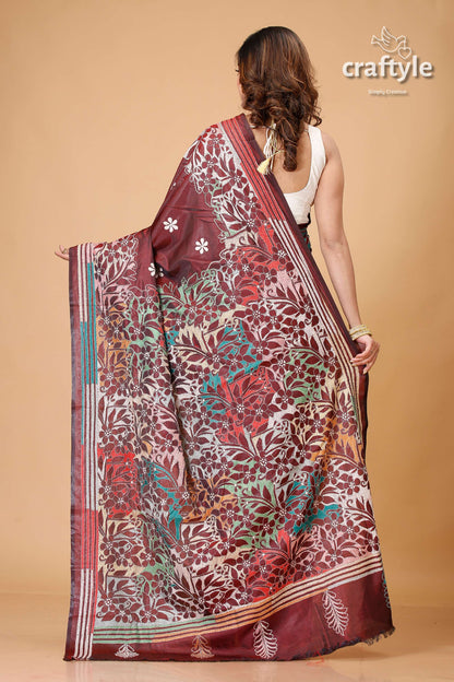 Dark Wine Multithread Silk Kantha Stitch Saree - Craftyle