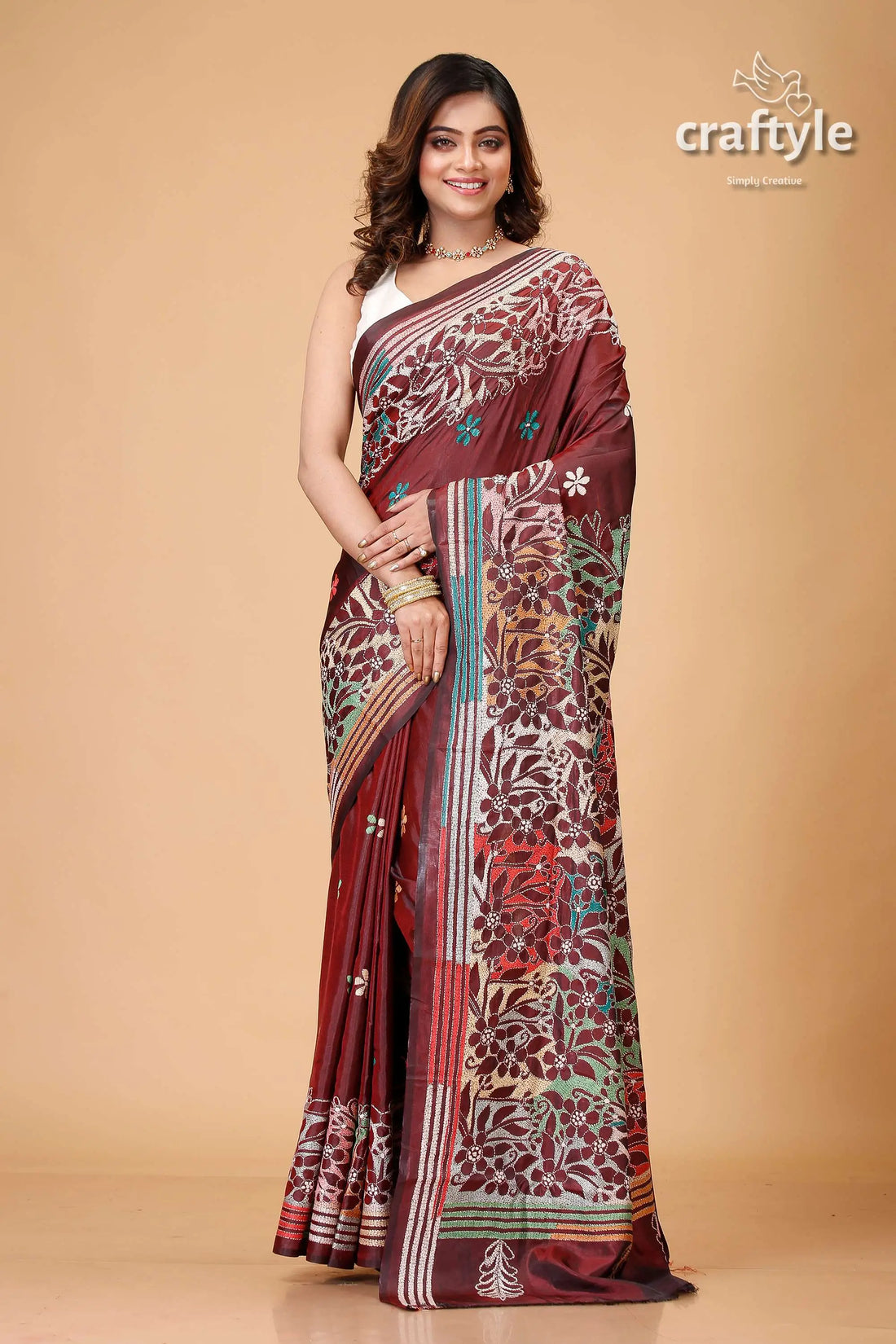 Dark wine multithread silk kantha stitch saree floral-patterned maroon saree 1