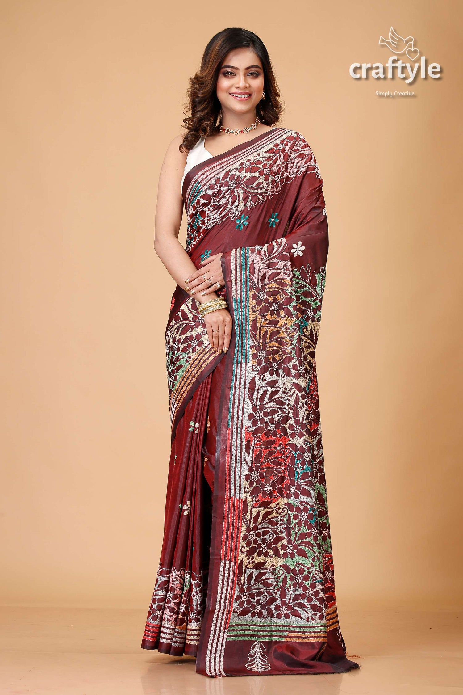 Dark Wine Multithread Silk Kantha Stitch Saree - Craftyle