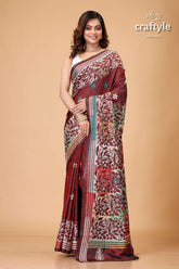 Dark Wine Multithread Silk Kantha Stitch Saree - Craftyle