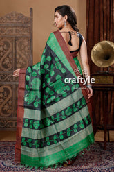 Dartmouth Green & Black Handmade Zari Pure Tussar Kalamkari Saree - Craftyle
