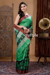 Dartmouth Green & Black Handmade Zari Pure Tussar Kalamkari Saree - Craftyle