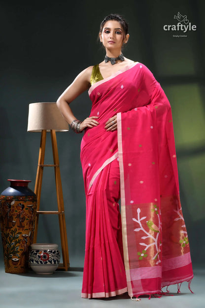 Debian red handwoven soft cotton dhakai jamdani saree pink saree floral embroidery gold 6