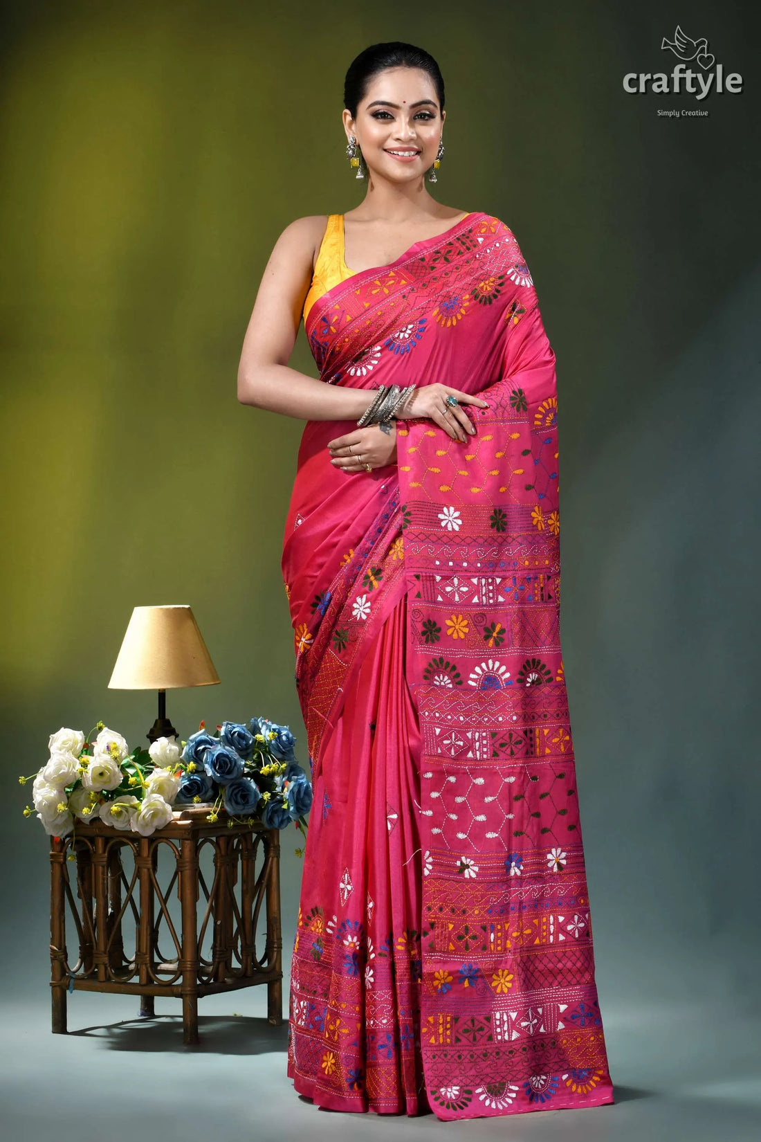 Debian red multicolor floral pattern handcrafted silk lambani saree vibrant pink saree intricate multicolored 1