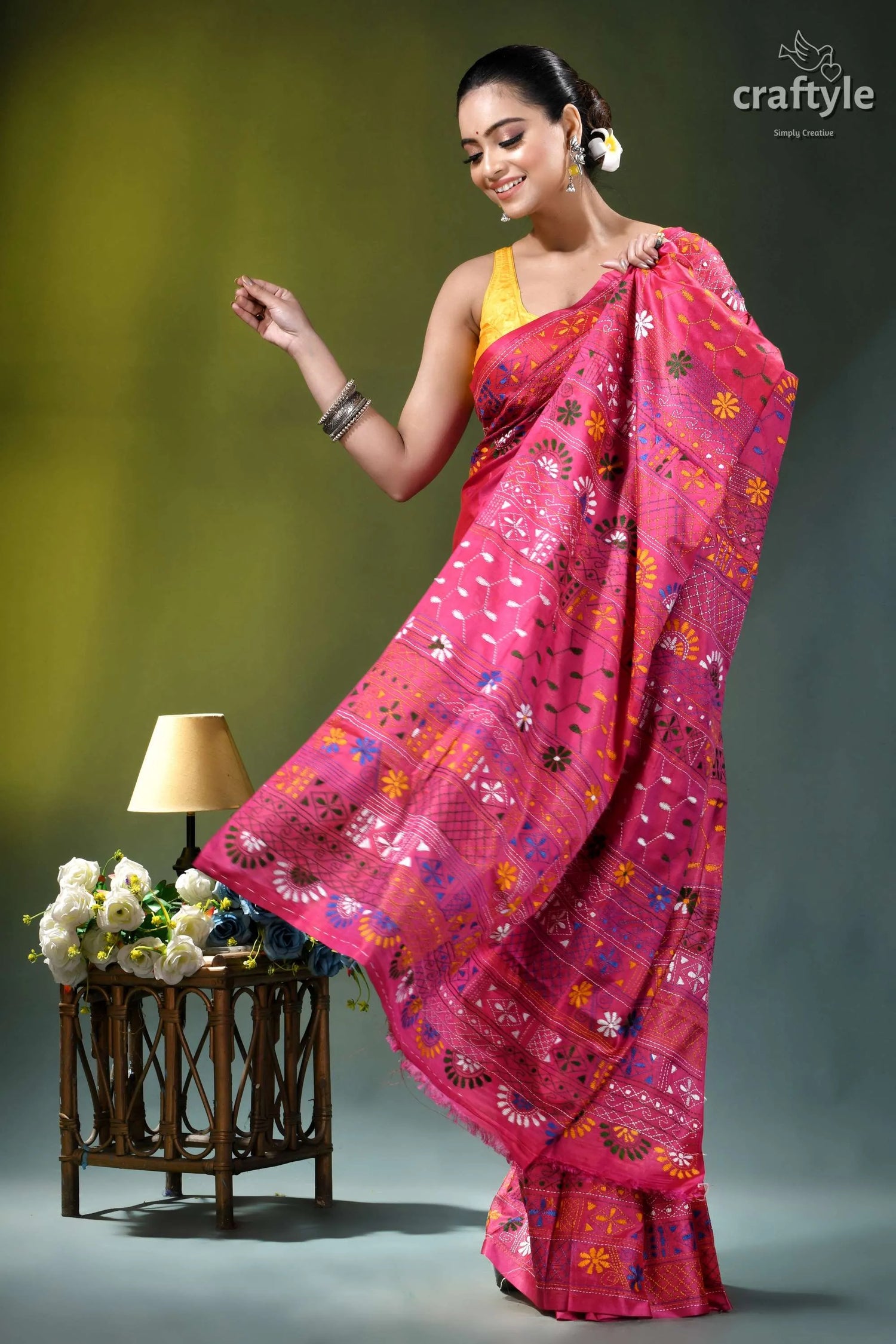 Debian red multicolor floral pattern handcrafted silk lambani saree vibrant pink saree intricate floral 4