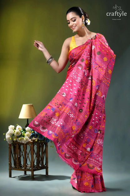 Debian red multicolor floral pattern handcrafted silk lambani saree vibrant pink saree intricate floral 4