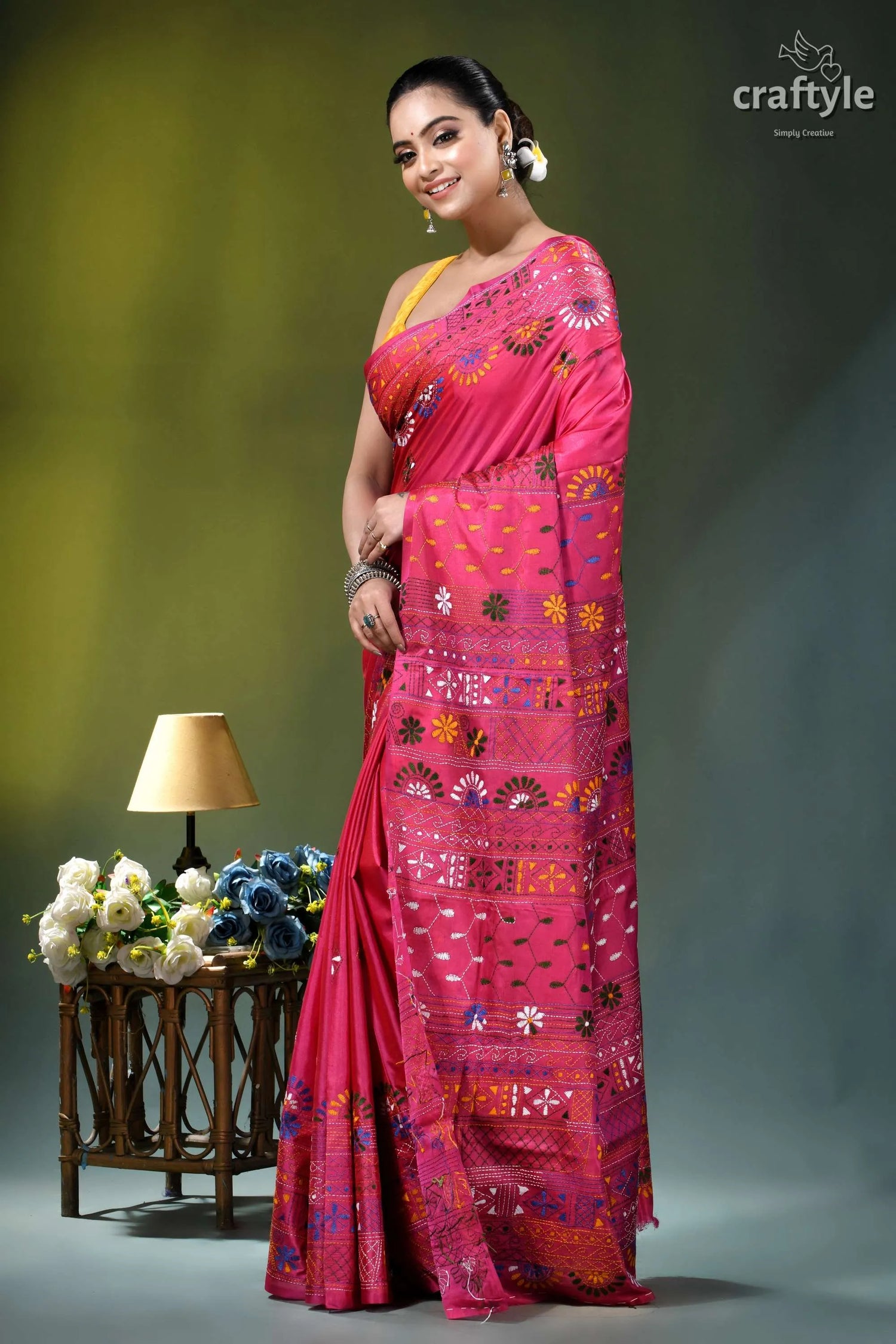 Debian red multicolor floral pattern handcrafted silk lambani saree vibrant pink saree intricate floral 3