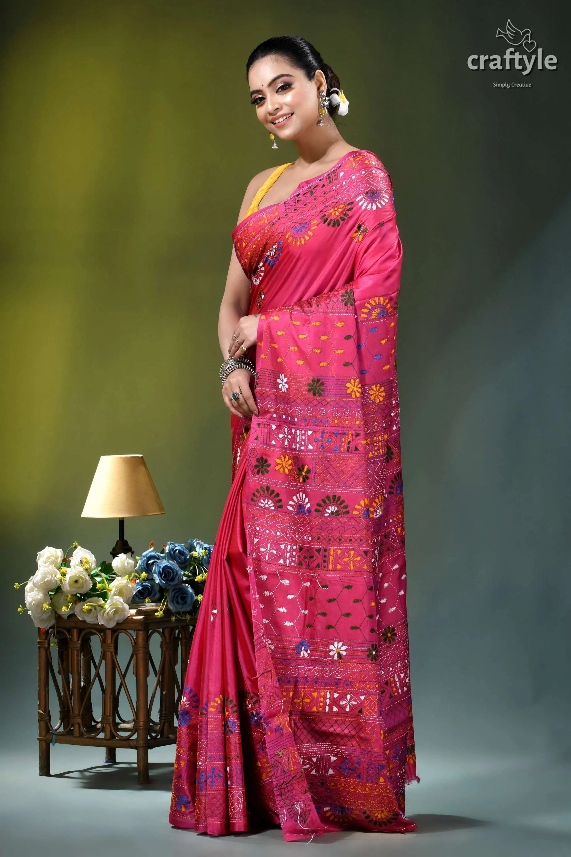 Debian red multicolor floral pattern handcrafted silk lambani saree vibrant pink saree intricate floral 3