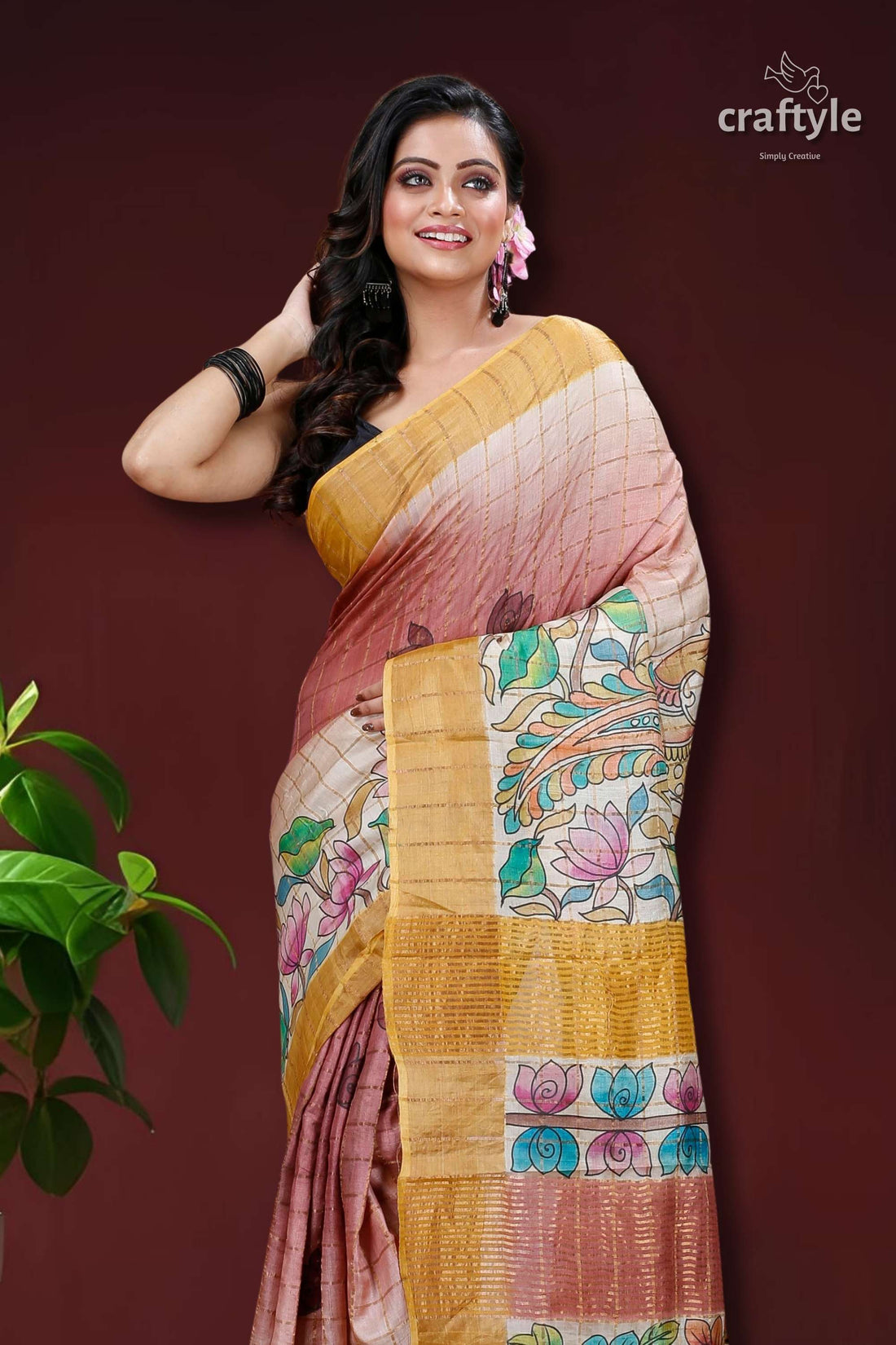 Deep Blush Authentic Zari Pure Tussar Kalamkari Art Saree-Craftyle