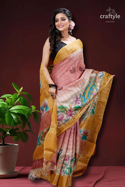 Deep blush authentic zari pure tussar kalamkari art saree woman pink gold saree 3