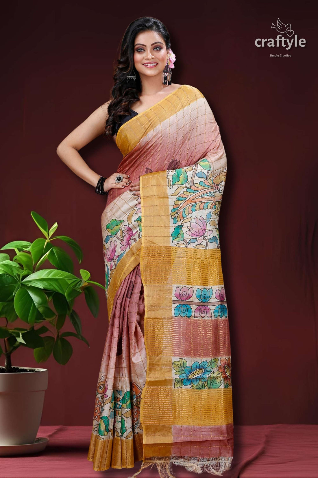 Deep Blush Authentic Zari Pure Tussar Kalamkari Art Saree-Craftyle