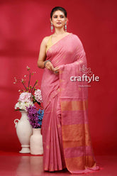 Deep blush soft ghicha silk bhagalpuri saree - golden zari pink saree gold border 1