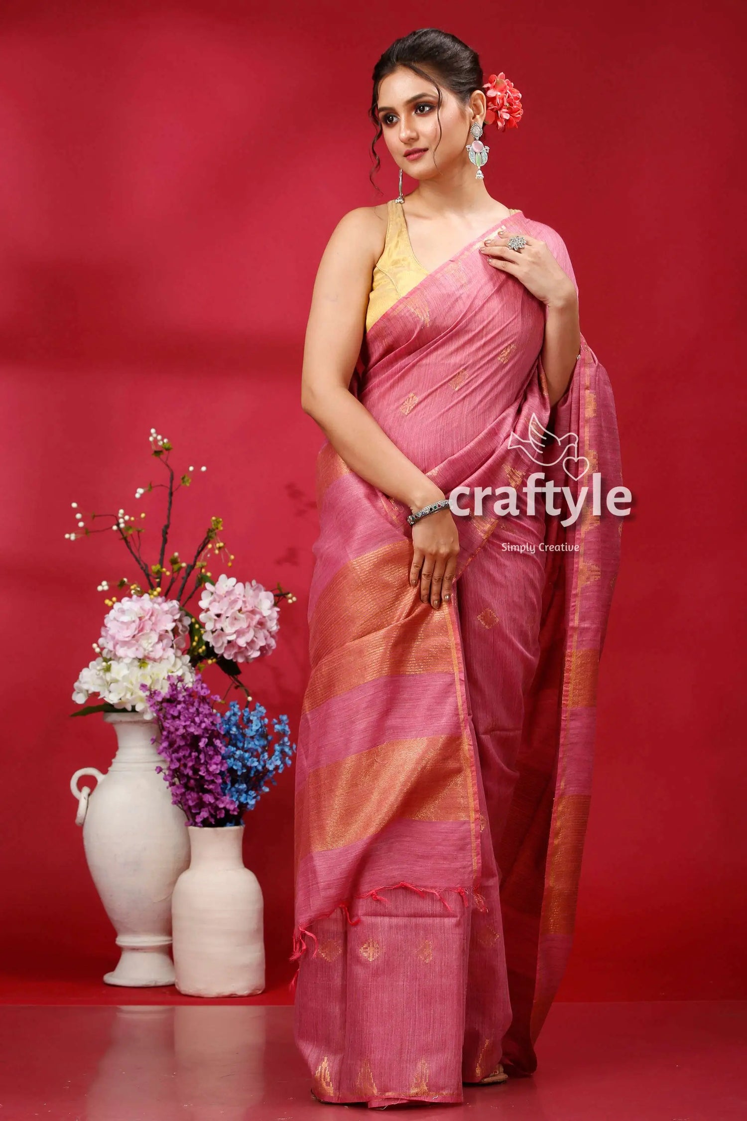Deep blush soft ghicha silk bhagalpuri saree - golden zari pink gold saree 4