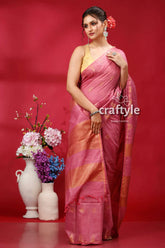 Deep blush soft ghicha silk bhagalpuri saree - golden zari pink gold saree 4