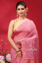 Deep blush soft ghicha silk bhagalpuri saree - golden zari pink cotton saree gold accents 2
