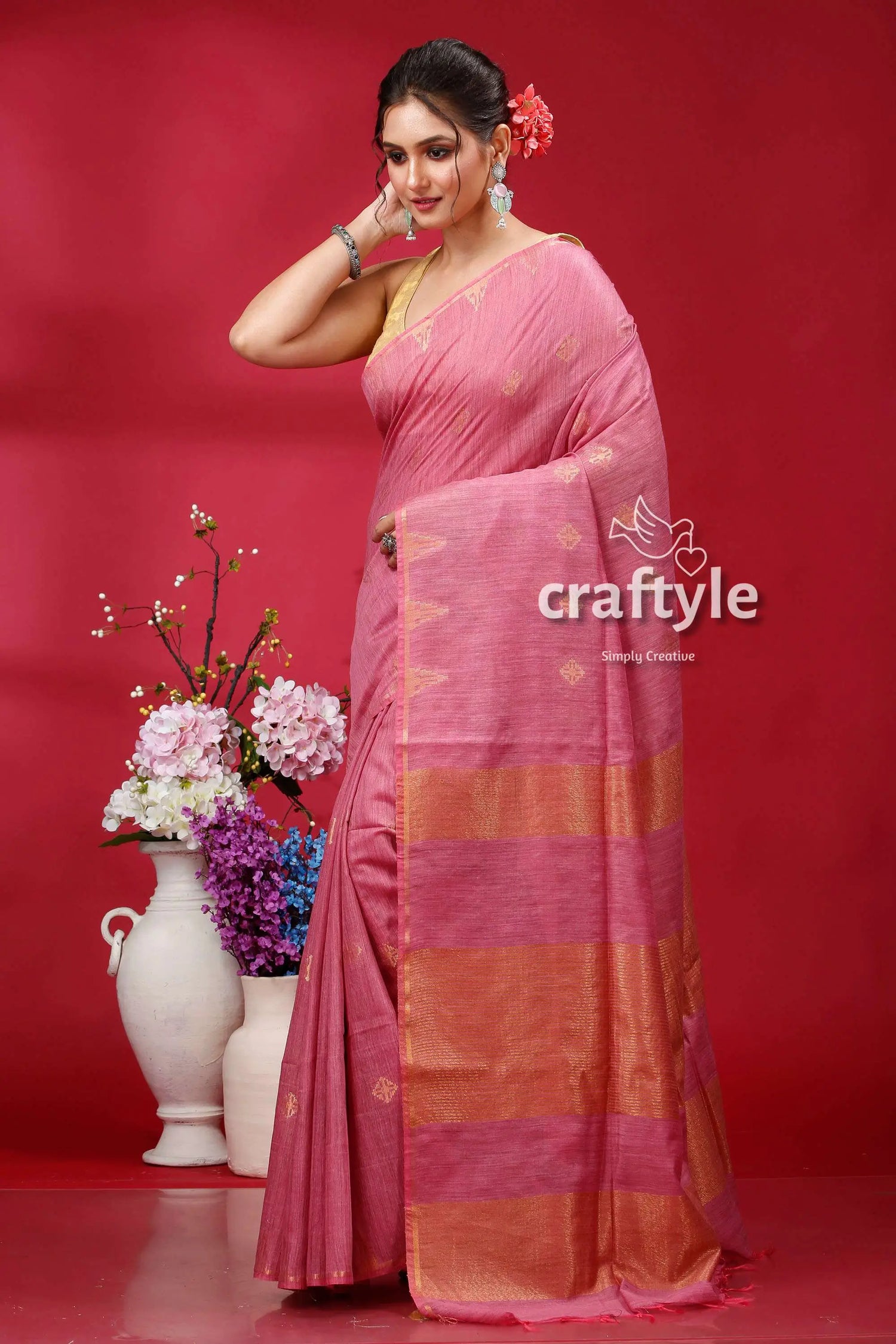 Deep blush soft ghicha silk bhagalpuri saree - golden zari pink saree gold border 3