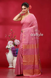 Deep blush soft ghicha silk bhagalpuri saree - golden zari pink saree gold border 3