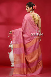 Deep blush soft ghicha silk bhagalpuri saree - golden zari pink gold saree 5