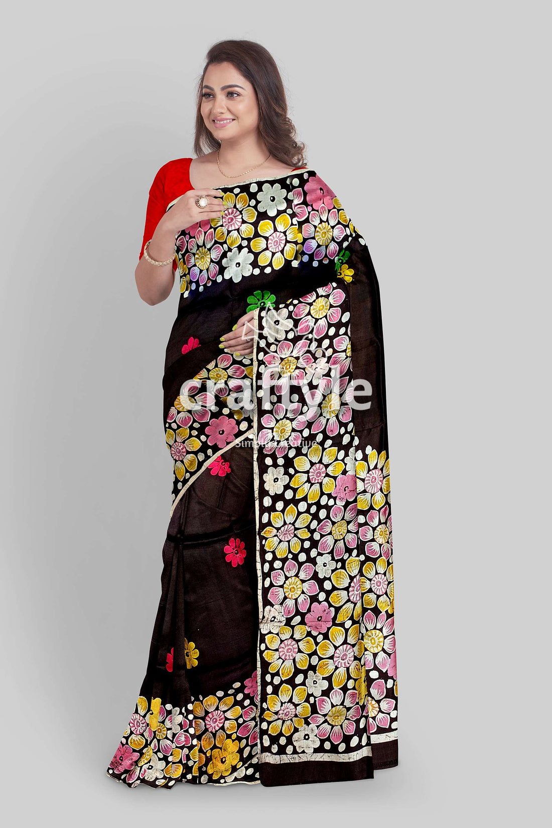 Deep Brown Floral Hand Batik Pure Mulberry Silk Saree - Craftyle