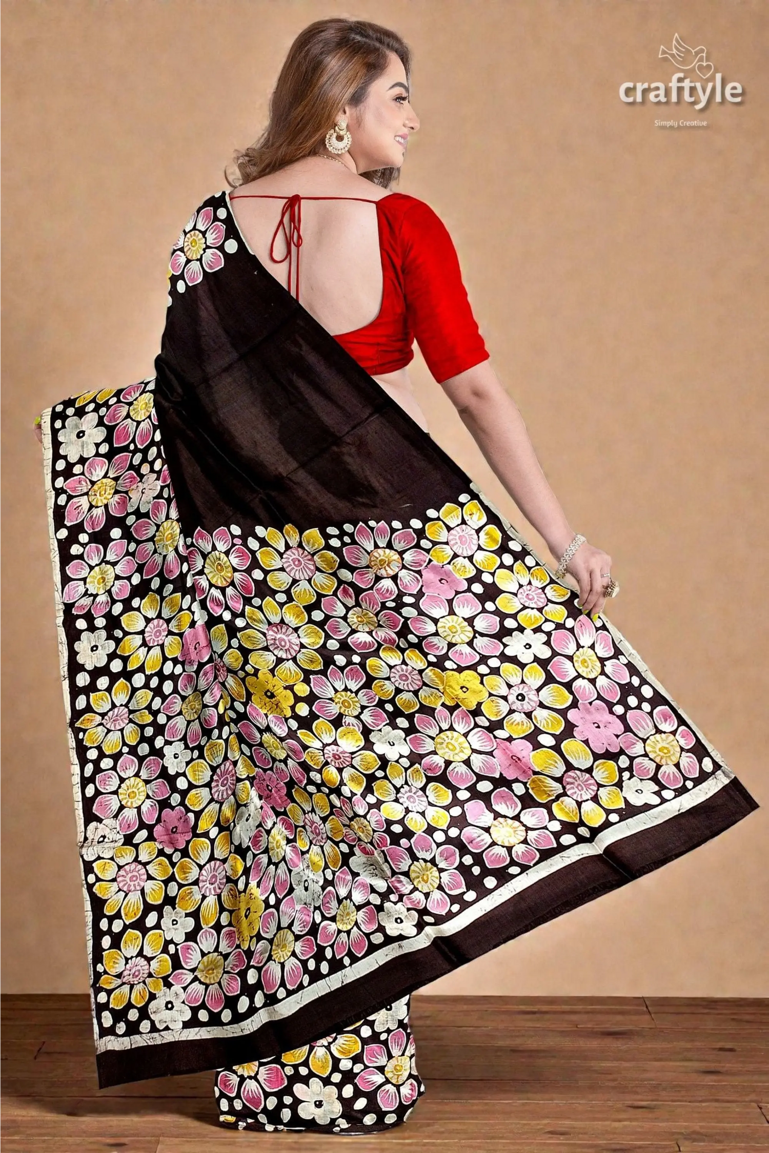 Deep brown floral hand batik pure mulberry silk saree 6