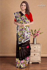 Deep brown floral hand batik pure mulberry silk saree 4