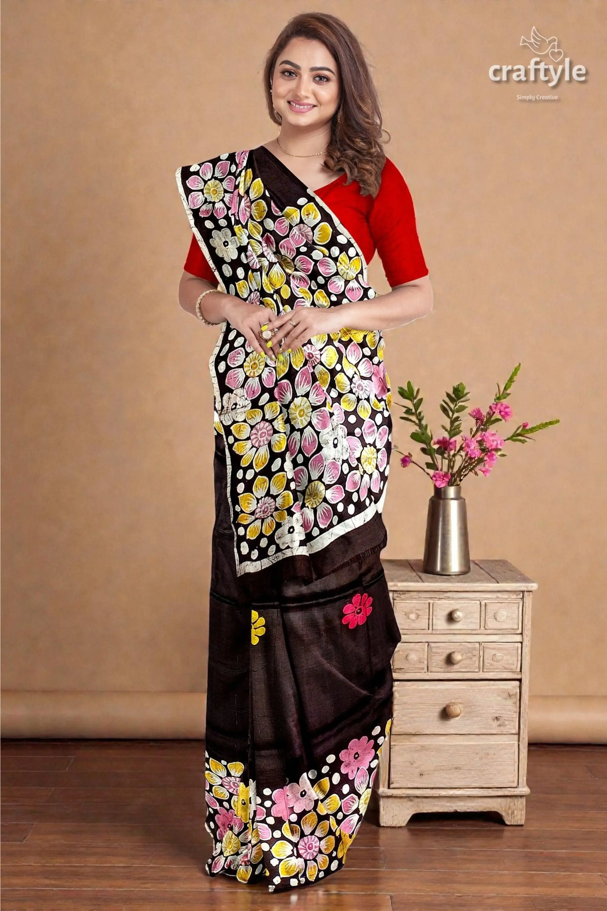 Deep brown floral hand batik pure mulberry silk saree 4