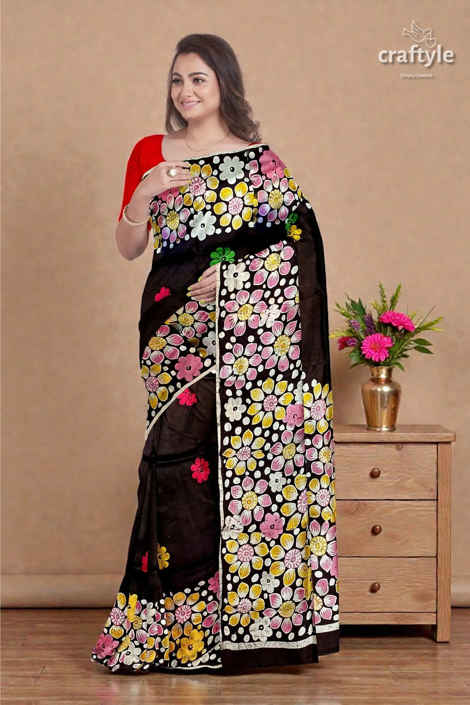 Deep brown floral hand batik pure mulberry silk saree 2