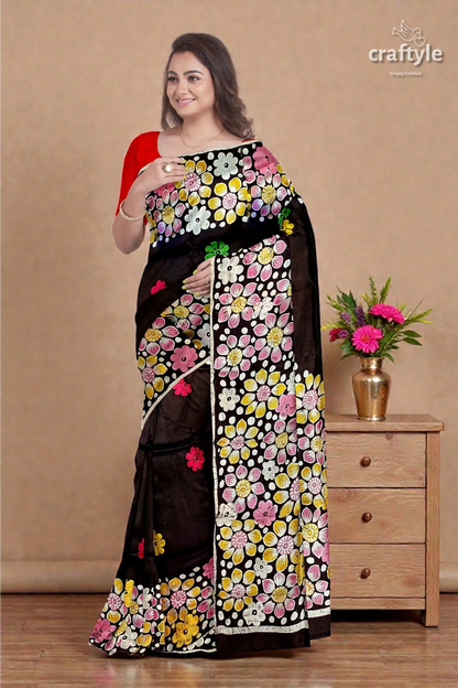 Deep brown floral hand batik pure mulberry silk saree 2