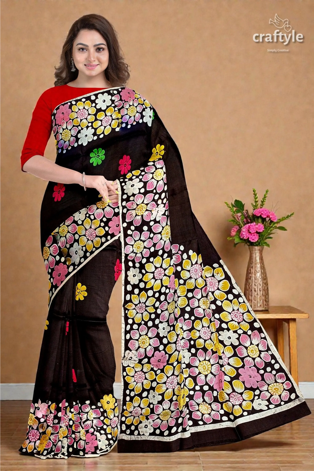 Deep brown floral hand batik pure mulberry silk saree 1