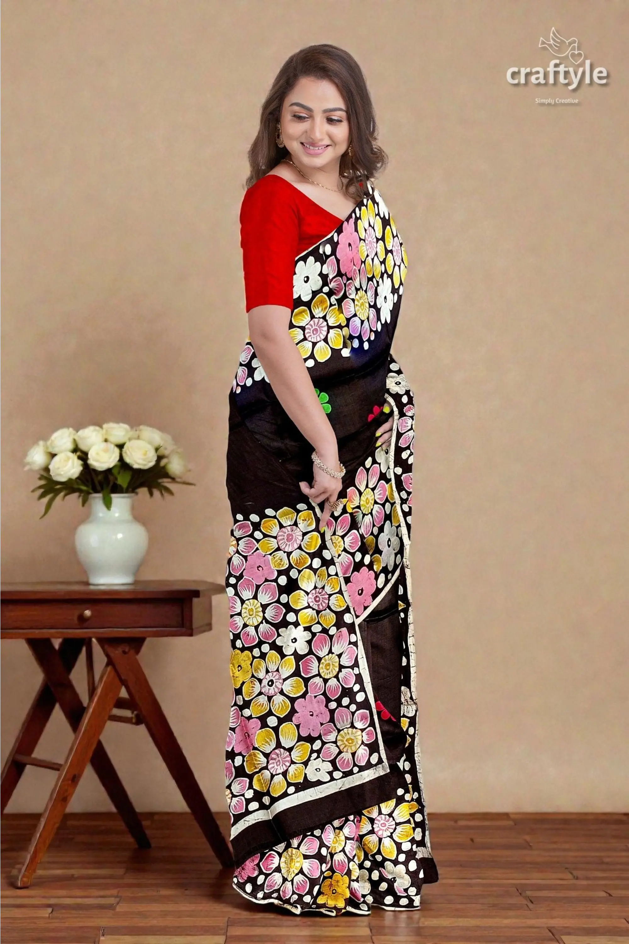 Deep brown floral hand batik pure mulberry silk saree 3