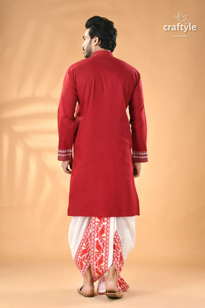 Deep caramine white thread kantha stitch cotton panjabi for men men’s red kurta embroidered dhoti 6