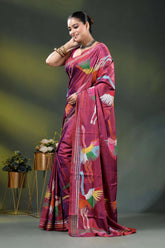 Deep carmine multi-thread heron motif hand embroidered kantha silk saree 3