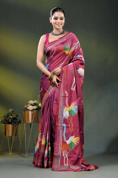 Deep carmine multi-thread heron motif hand embroidered kantha silk saree 1