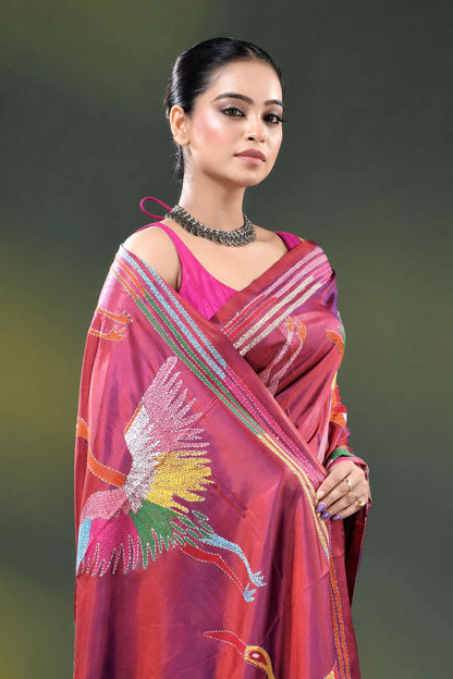Deep carmine multi-thread heron motif hand embroidered kantha silk saree 2