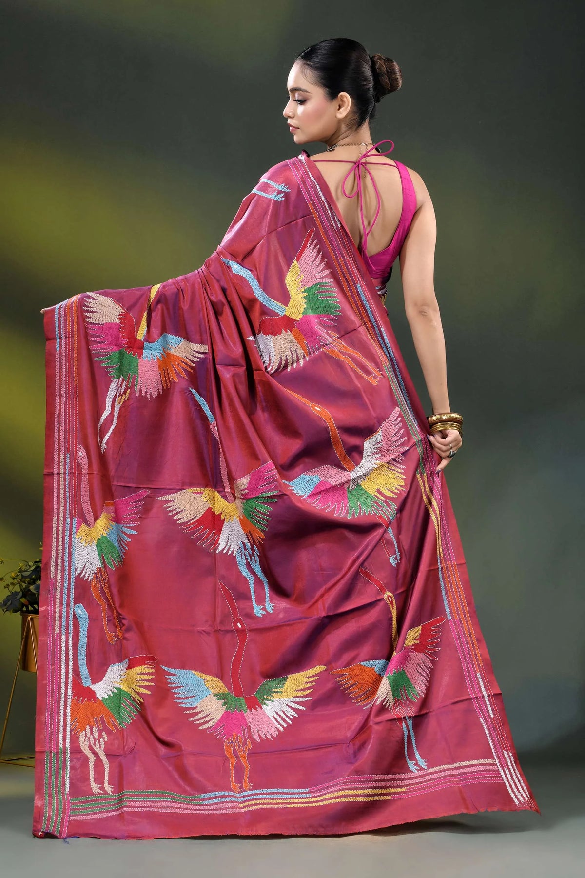 Deep carmine multi-thread heron motif hand embroidered kantha silk saree 5