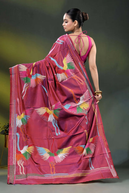 Deep carmine multi-thread heron motif hand embroidered kantha silk saree 5