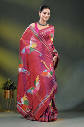 Deep carmine multi-thread heron motif hand embroidered kantha silk saree 4