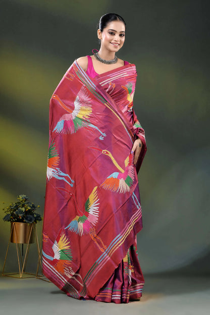 Deep carmine multi-thread heron motif hand embroidered kantha silk saree 4
