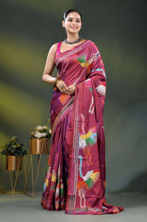Deep carmine multi-thread heron motif hand embroidered kantha silk saree 6