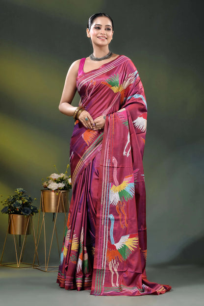 Deep carmine multi-thread heron motif hand embroidered kantha silk saree 6