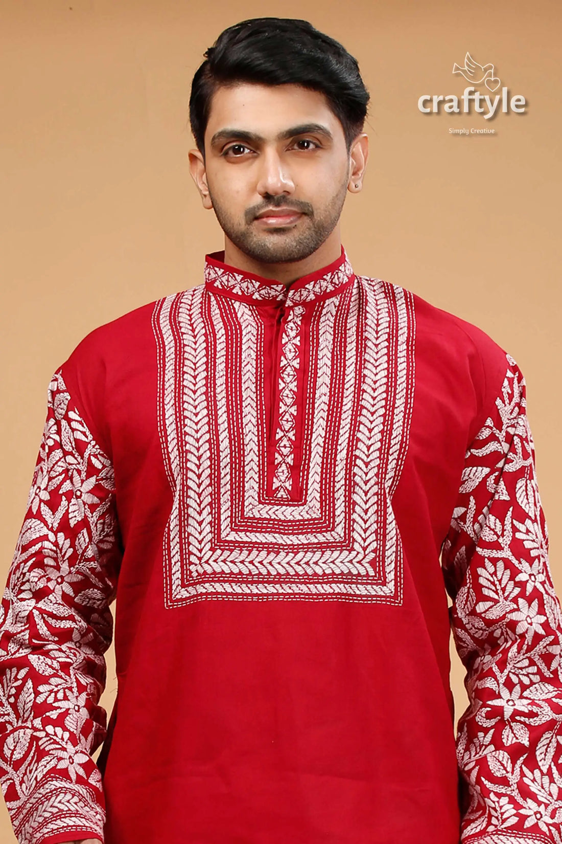 Deep carmine white thread kantha cotton kurta for men red kurta white embroidery 2