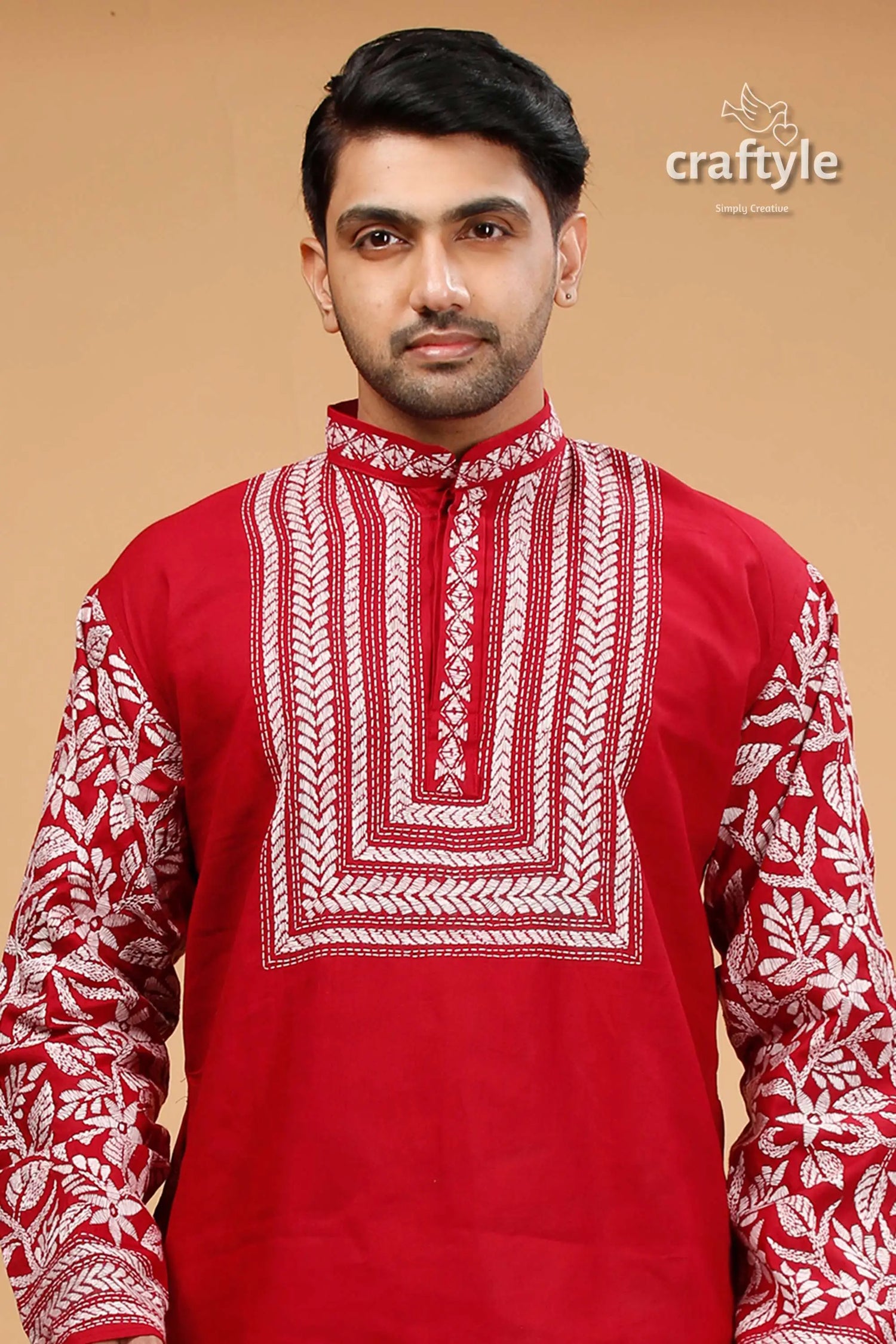 Deep carmine white thread kantha cotton kurta for men red kurta white embroidery 2