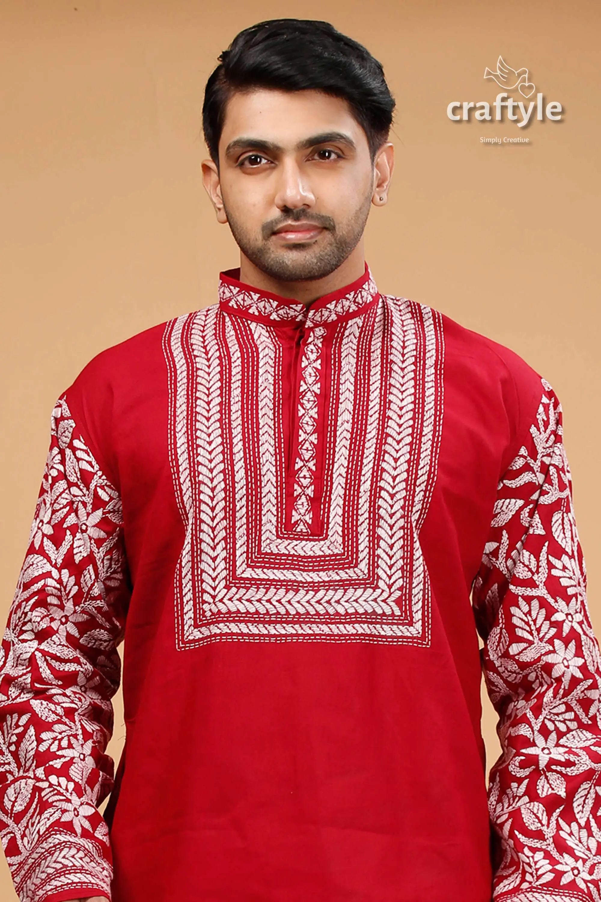 Deep carmine white thread kantha cotton kurta for men red kurta white embroidery 2