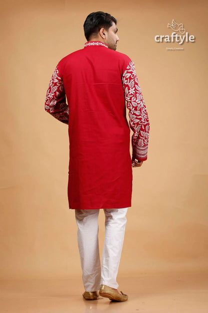 Deep carmine white thread kantha cotton kurta for men red kurta embroidered sleeves 5