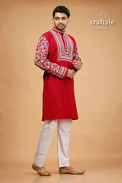 Deep carmine white thread kantha cotton kurta for men red embroidered kurta white pants 4