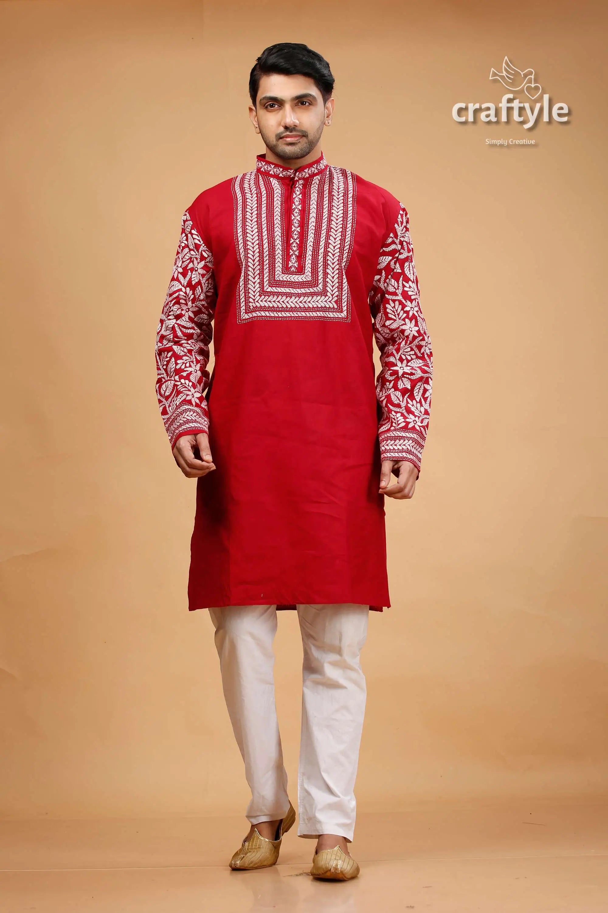 Deep carmine white thread kantha cotton kurta for men red embroidered kurta 1