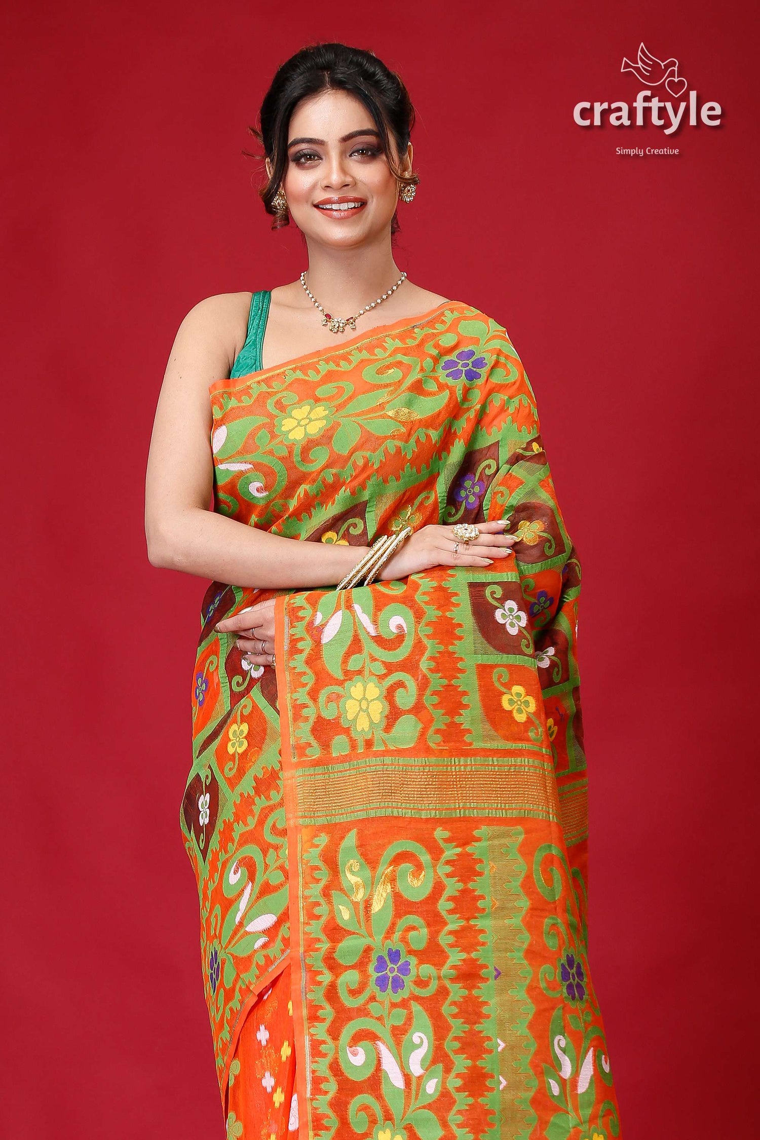 Deep Carrot Orange Premium Jamdani Saree-Craftyle