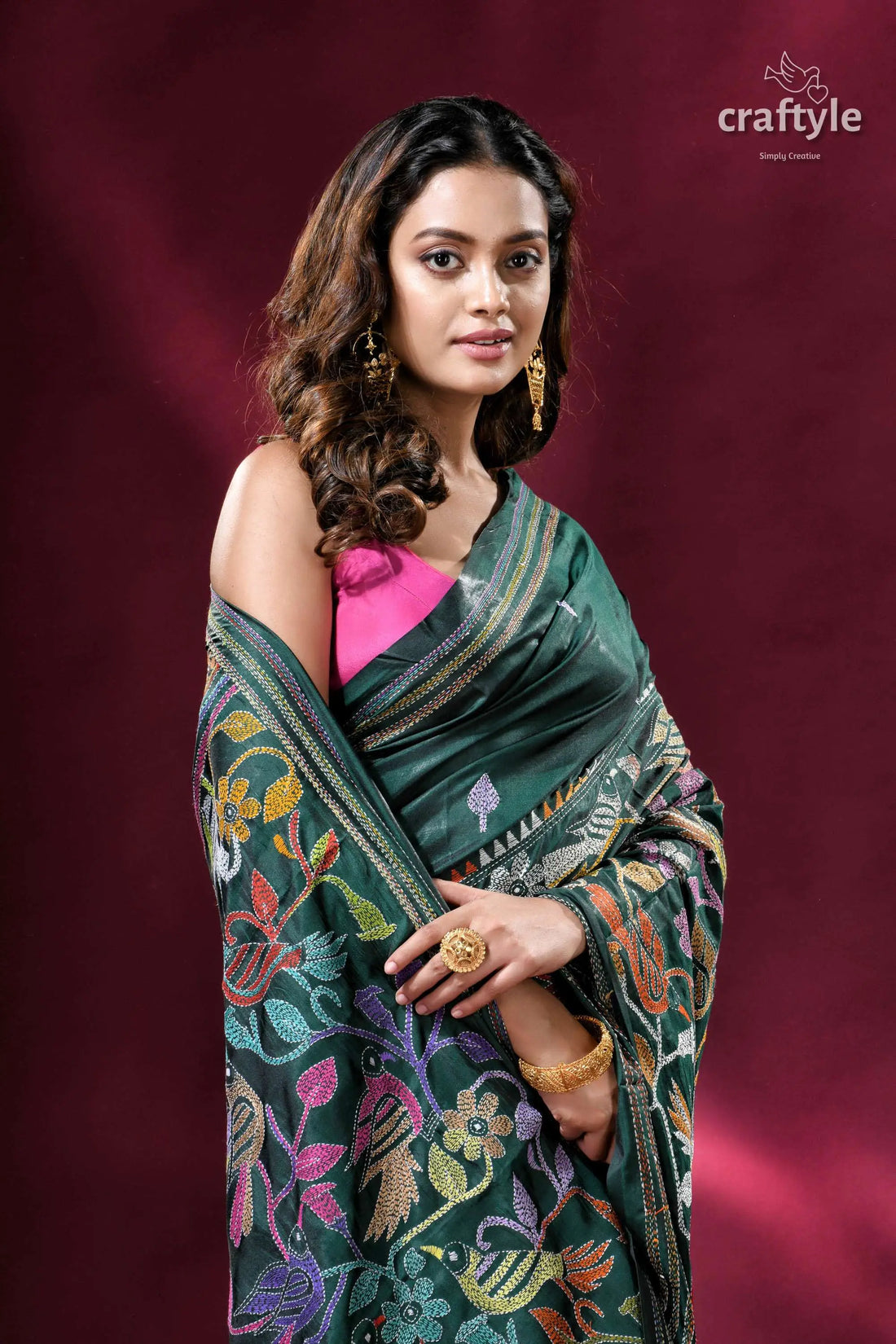 Deep green colorful bird design silk kantha stitch saree embroidered green saree 2