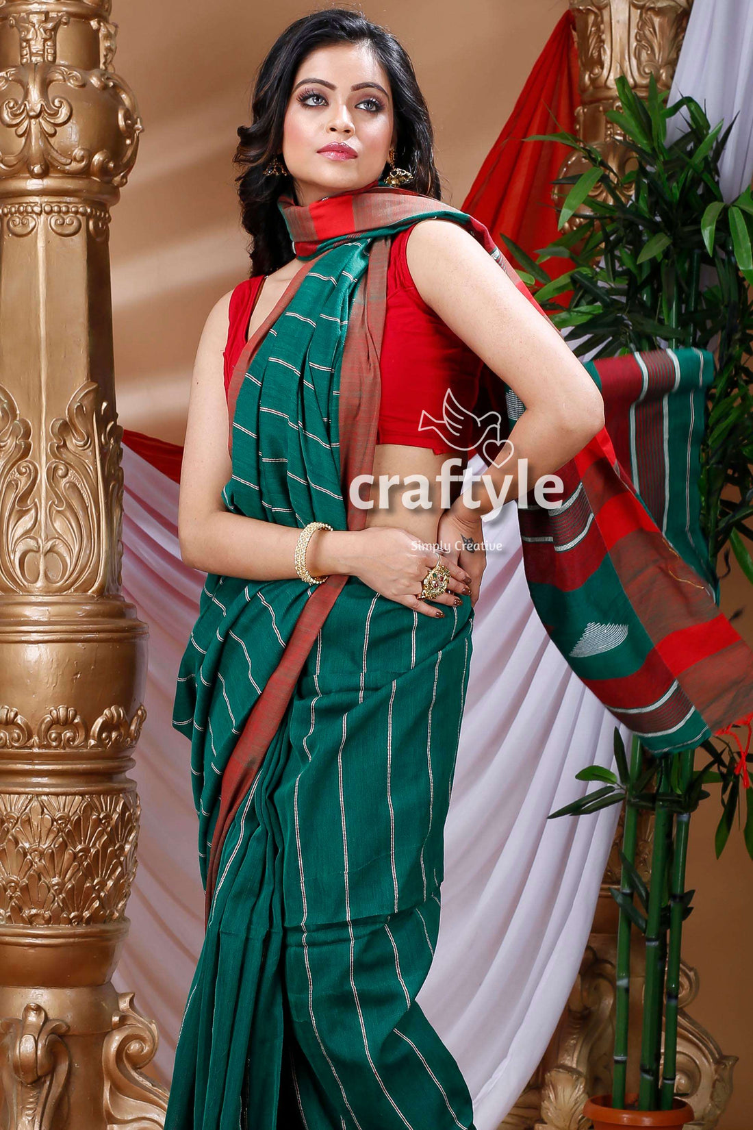 Deep Green &amp; Maroon Red Handloom Cotton Saree-Craftyle